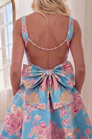 Load image into Gallery viewer, Blue Red Flower A Line Short V-Neck Homecoming Dress with Bow