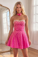 Load image into Gallery viewer, Blue Short A Line Strapless Homecoming Dress with Pearls