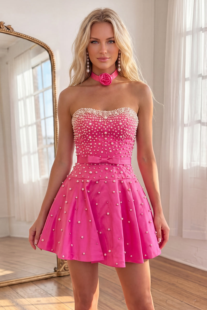 Load image into Gallery viewer, Blue Short A Line Strapless Homecoming Dress with Pearls