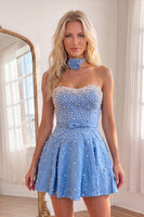 Load image into Gallery viewer, Blue Short A Line Strapless Homecoming Dress with Pearls