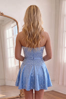Load image into Gallery viewer, Blue Short A Line Strapless Homecoming Dress with Pearls