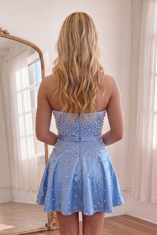 Blue Short A Line Strapless Homecoming Dress with Pearls