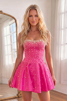 Load image into Gallery viewer, Blue Short A Line Strapless Homecoming Dress with Pearls