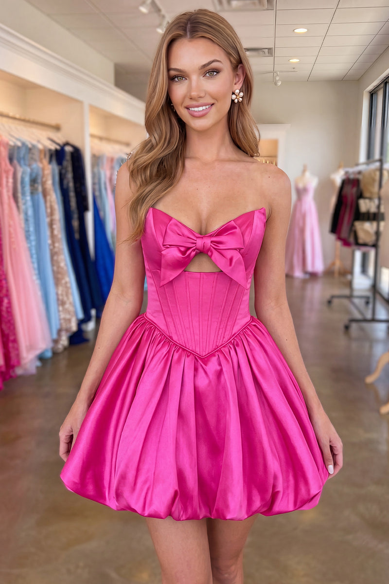 Load image into Gallery viewer, Fuchsia Corset A Line Strapless Keyhole Short Homecoming Dress with Bow