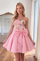 Load image into Gallery viewer, Light Pink Short Floral Strapless Homecoming Dress with Bow