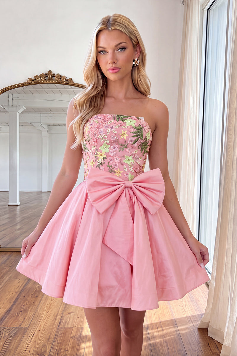 Load image into Gallery viewer, Light Pink Short Floral Strapless Homecoming Dress with Bow