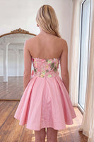 Load image into Gallery viewer, Light Pink Short Floral Strapless Homecoming Dress with Bow