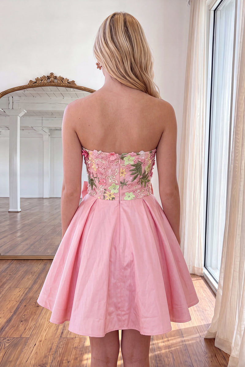 Load image into Gallery viewer, Light Pink Short Floral Strapless Homecoming Dress with Bow