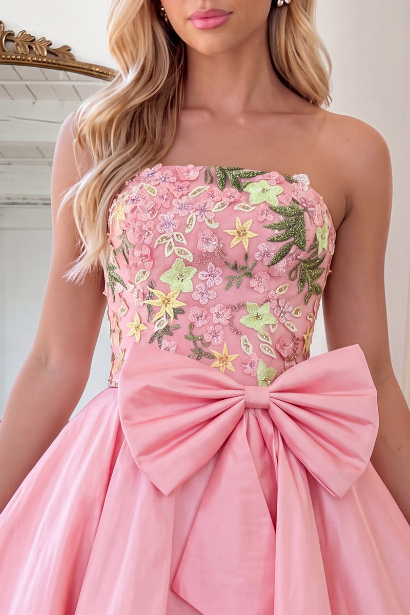 Load image into Gallery viewer, Light Pink Short Floral Strapless Homecoming Dress with Bow