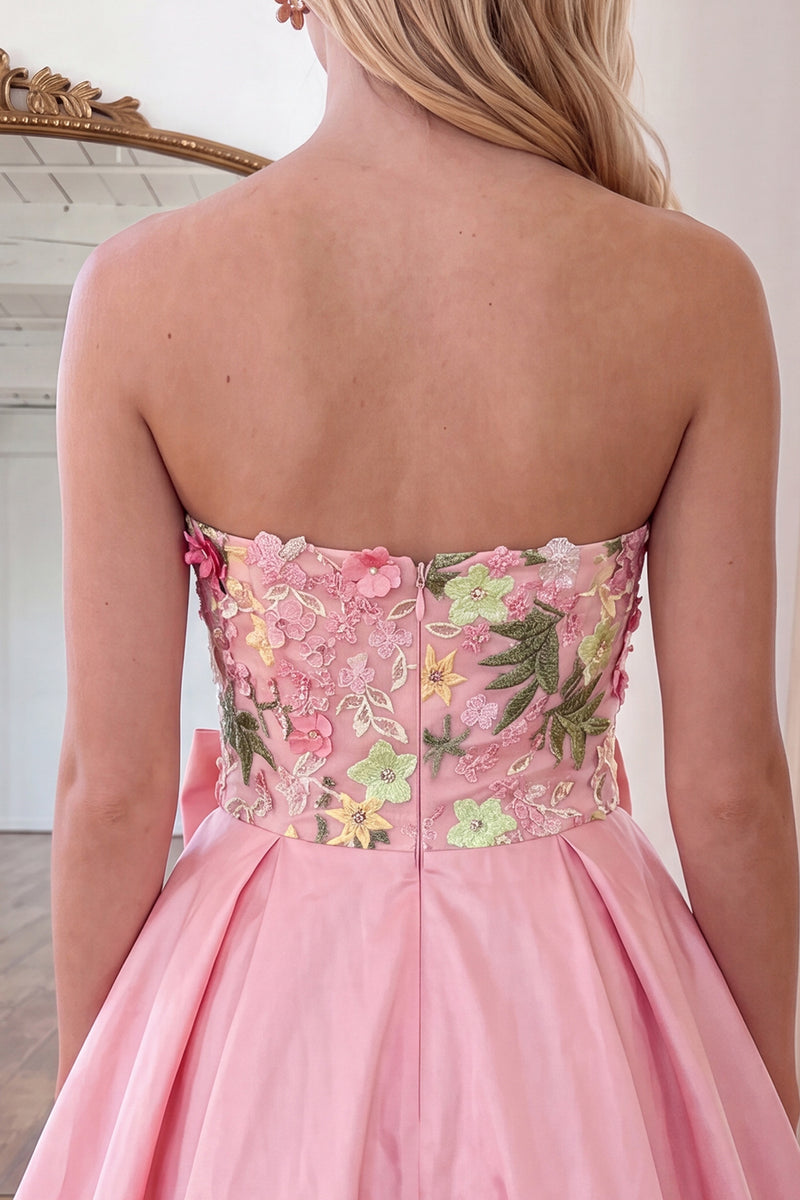 Load image into Gallery viewer, Light Pink Short Floral Strapless Homecoming Dress with Bow