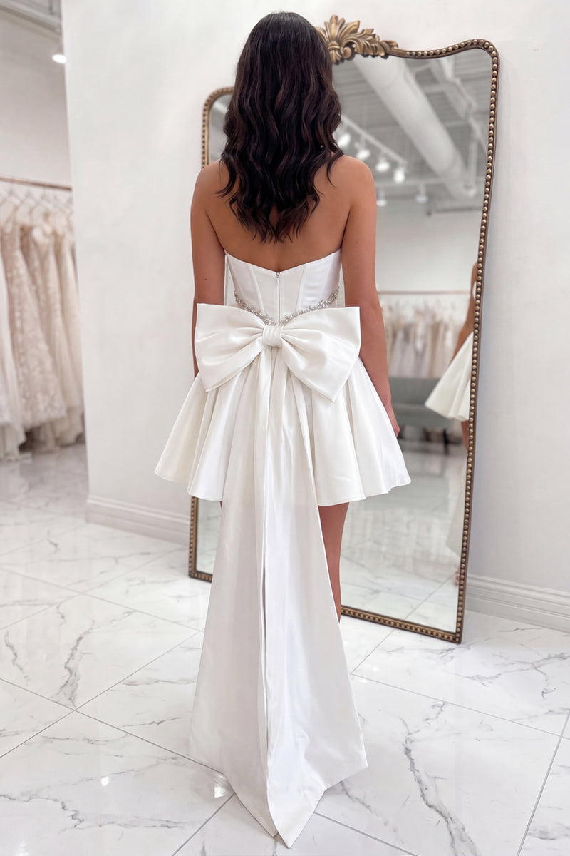 Load image into Gallery viewer, White Strapless A Line Short Corset Beaded Homecoming Dress with Bow