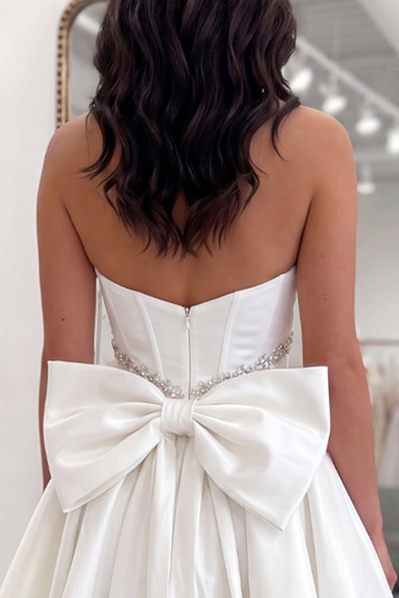 Load image into Gallery viewer, White Strapless A Line Short Corset Beaded Homecoming Dress with Bow