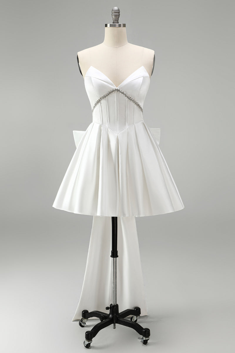 Load image into Gallery viewer, White Strapless A Line Short Corset Beaded Homecoming Dress with Bow