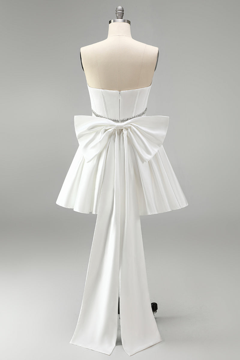 Load image into Gallery viewer, White Strapless A Line Short Corset Beaded Homecoming Dress with Bow