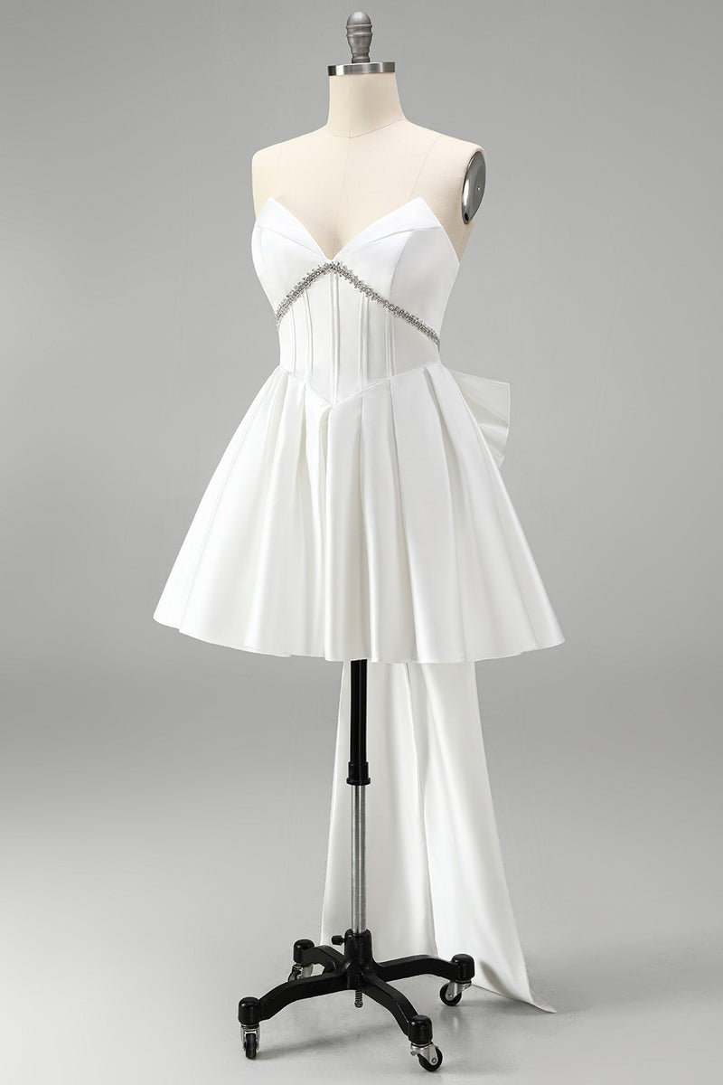 Load image into Gallery viewer, White Strapless A Line Short Corset Beaded Homecoming Dress with Bow