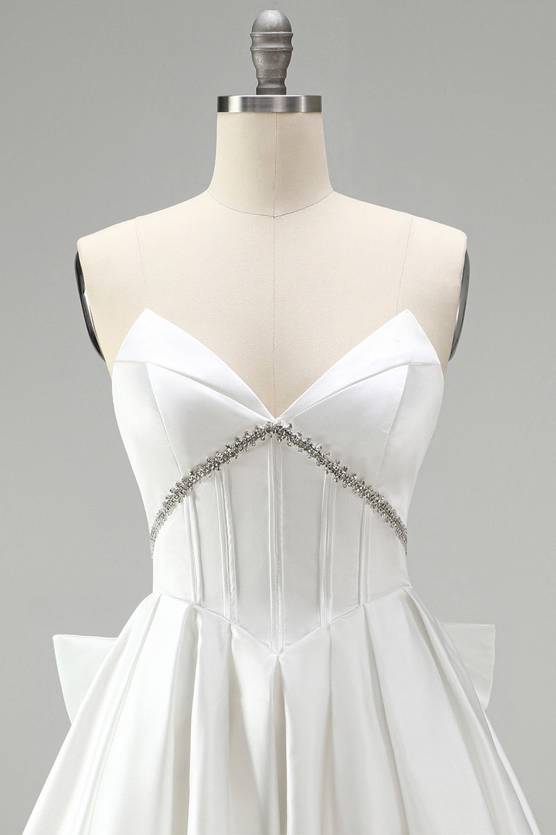 Load image into Gallery viewer, White Strapless A Line Short Corset Beaded Homecoming Dress with Bow
