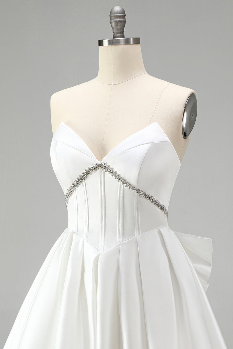 Load image into Gallery viewer, White Strapless A Line Short Corset Beaded Homecoming Dress with Bow
