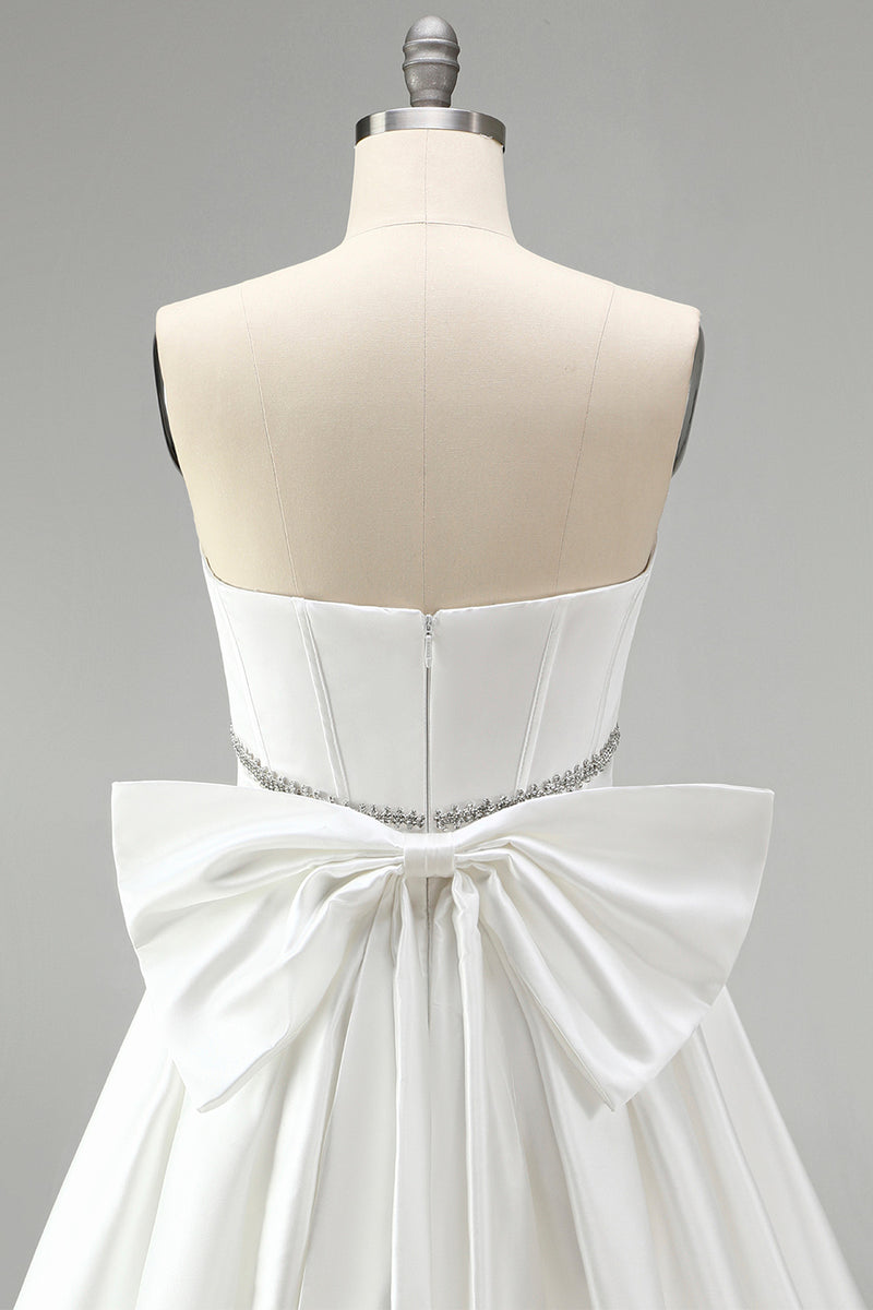 Load image into Gallery viewer, White Strapless A Line Short Corset Beaded Homecoming Dress with Bow