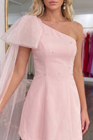 Load image into Gallery viewer, Pink One Shoulder Beaded A Line Short Homecoming Dress with Side Cape