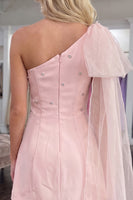 Load image into Gallery viewer, Pink One Shoulder Beaded A Line Short Homecoming Dress with Side Cape