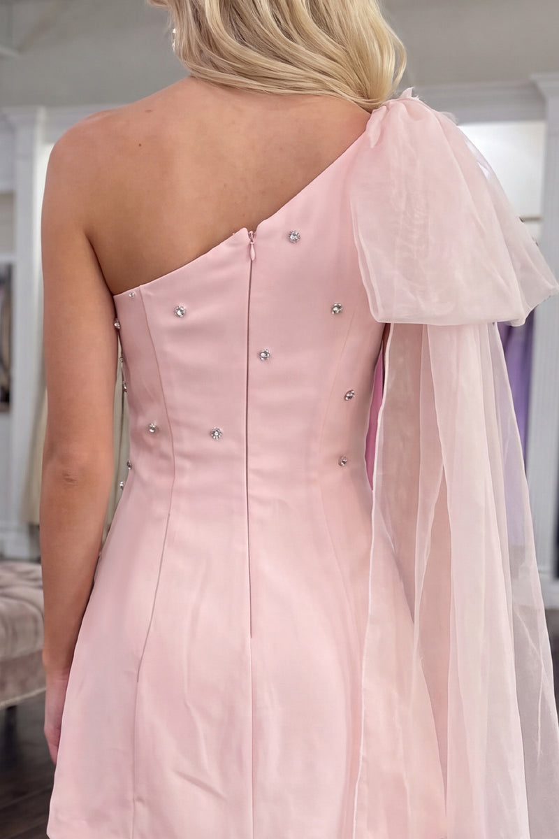 Load image into Gallery viewer, Pink One Shoulder Beaded A Line Short Homecoming Dress with Side Cape