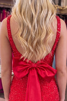 Load image into Gallery viewer, Sparkly Red Beaded Tight Short Homecoming Dress with Bow