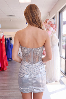 Sparkly Silver Beaded Tight Short Ruched Corset Homecoming Dress