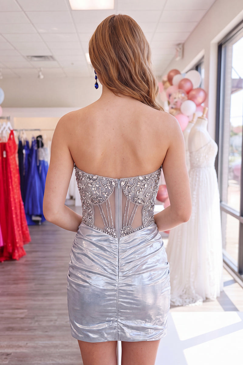 Load image into Gallery viewer, Sparkly Silver Beaded Tight Short Ruched Corset Homecoming Dress