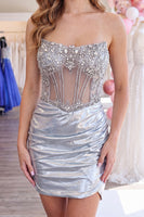 Load image into Gallery viewer, Sparkly Silver Beaded Tight Short Ruched Corset Homecoming Dress