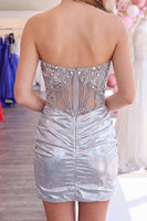 Load image into Gallery viewer, Sparkly Silver Beaded Tight Short Ruched Corset Homecoming Dress