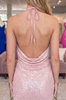 Load image into Gallery viewer, Sparkly Pink Halter Tight Short Sequin Homecoming Dress