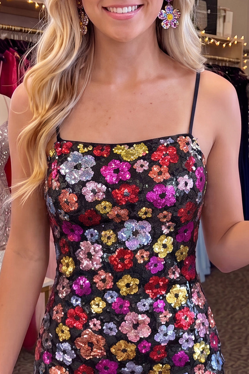 Load image into Gallery viewer, Sparkly Black Flowers Tight Short Sequin Homecoming Dress