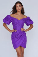 Load image into Gallery viewer, Purple Tight Short Off the Shoulder Ruched Homecoming Dress