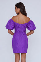 Load image into Gallery viewer, Purple Tight Short Off the Shoulder Ruched Homecoming Dress