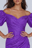 Load image into Gallery viewer, Purple Tight Short Off the Shoulder Ruched Homecoming Dress