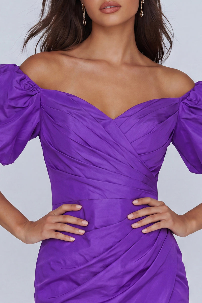 Load image into Gallery viewer, Purple Tight Short Off the Shoulder Ruched Homecoming Dress