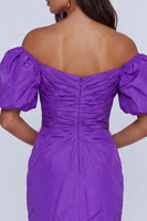Load image into Gallery viewer, Purple Tight Short Off the Shoulder Ruched Homecoming Dress