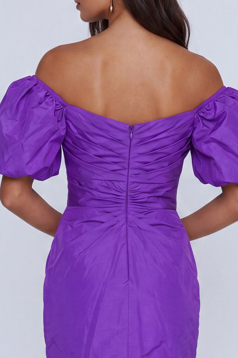 Load image into Gallery viewer, Purple Tight Short Off the Shoulder Ruched Homecoming Dress
