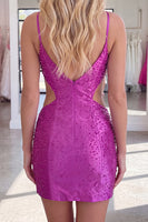 Load image into Gallery viewer, Sparkly Purple Tight Short Beaded Cut Out Homecoming Dress