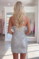 Load image into Gallery viewer, Sparkly Silver Sequin Tight Short Spaghetti Straps Homecoming Dress