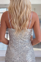 Load image into Gallery viewer, Sparkly Silver Sequin Tight Short Spaghetti Straps Homecoming Dress