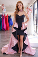 Load image into Gallery viewer, Black and Pink Strapless Tight Short Ruffled Homecoming Dress with Cape