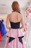 Load image into Gallery viewer, Black and Pink Strapless Tight Short Ruffled Homecoming Dress with Cape