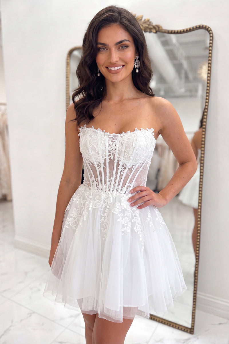 Load image into Gallery viewer, White Strapless A Line Short Corset Floral Homecoming Dress