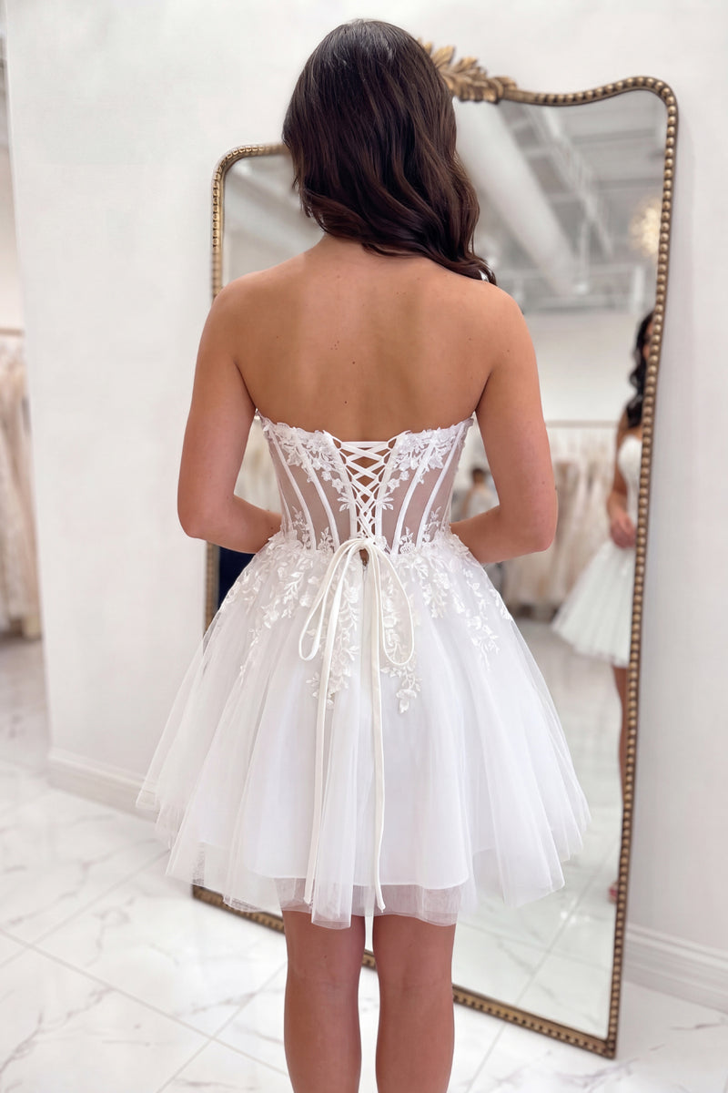 Load image into Gallery viewer, White Strapless A Line Short Corset Floral Homecoming Dress