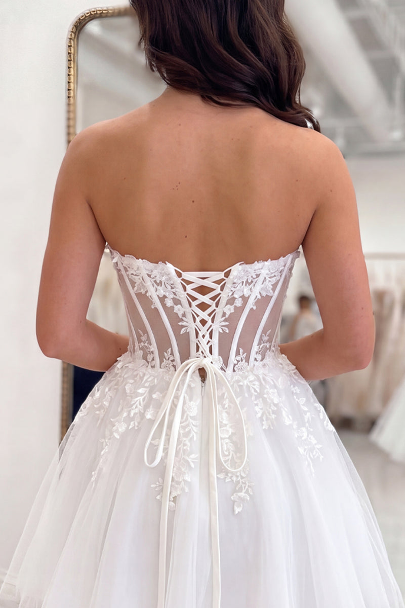 Load image into Gallery viewer, White Strapless A Line Short Corset Floral Homecoming Dress