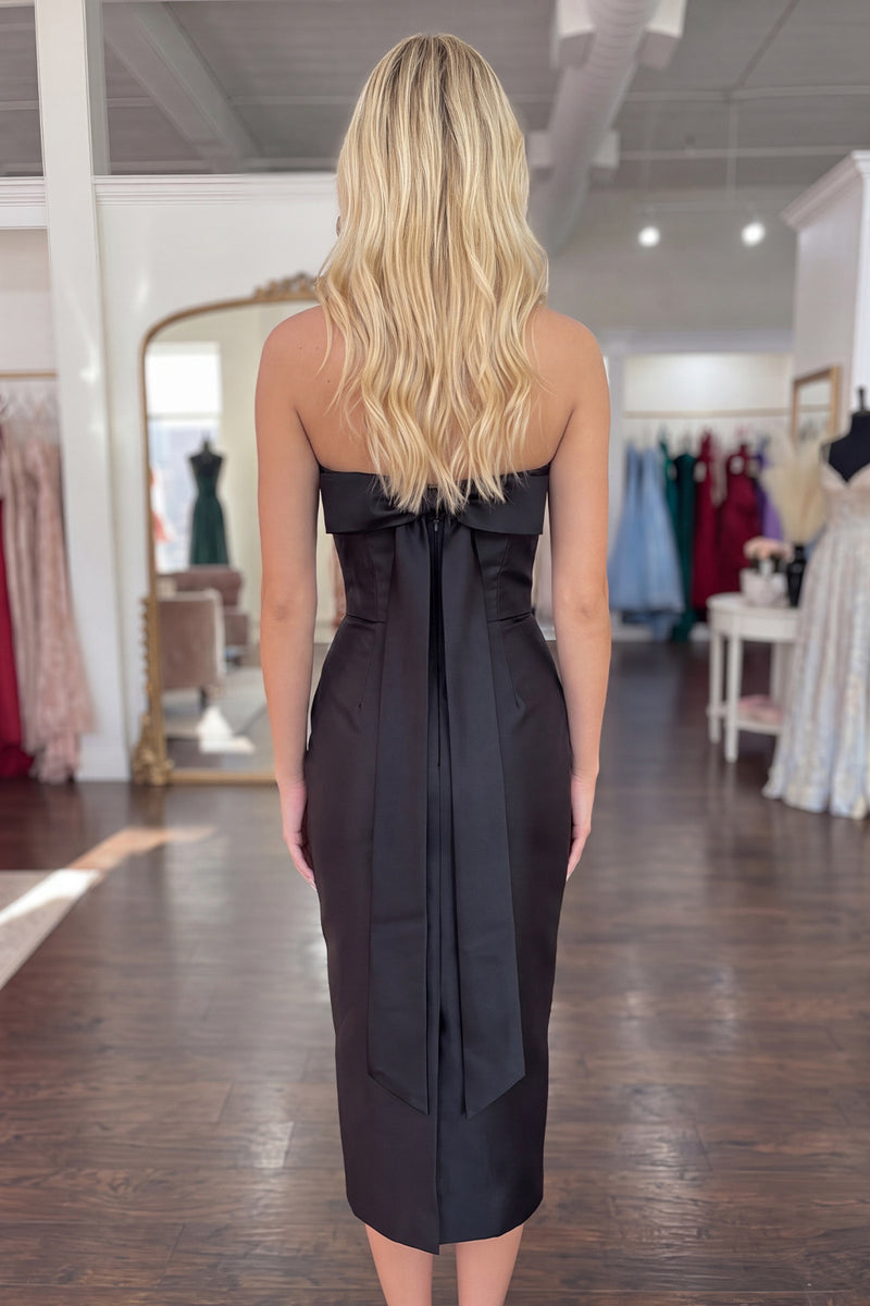 Load image into Gallery viewer, Black Strapless Bodycon Midi Homecoming Dress with Back Bow