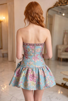 Blue Flower A Line Beaded Strapless Short Homecoming Dress with Bow