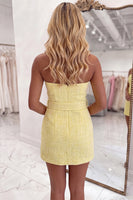 Load image into Gallery viewer, Yellow Simple Sweetheart Short Tweed Homecoming Dress with Belt