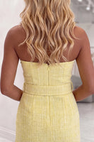 Load image into Gallery viewer, Yellow Simple Sweetheart Short Tweed Homecoming Dress with Belt